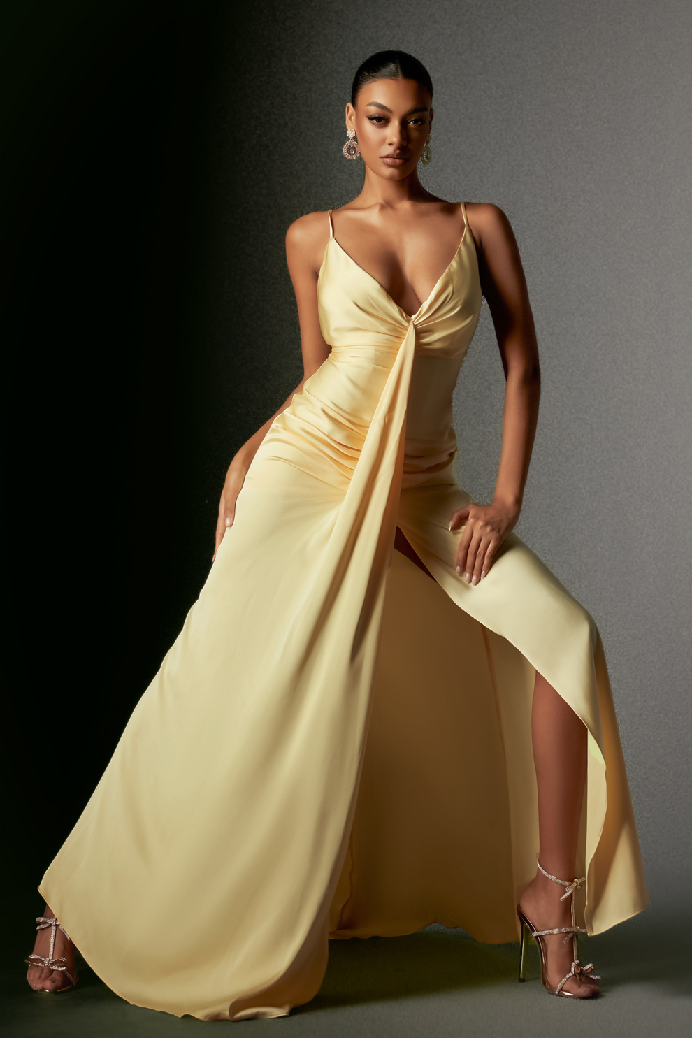 Ock Deep V Halter Satin Maxi Dress